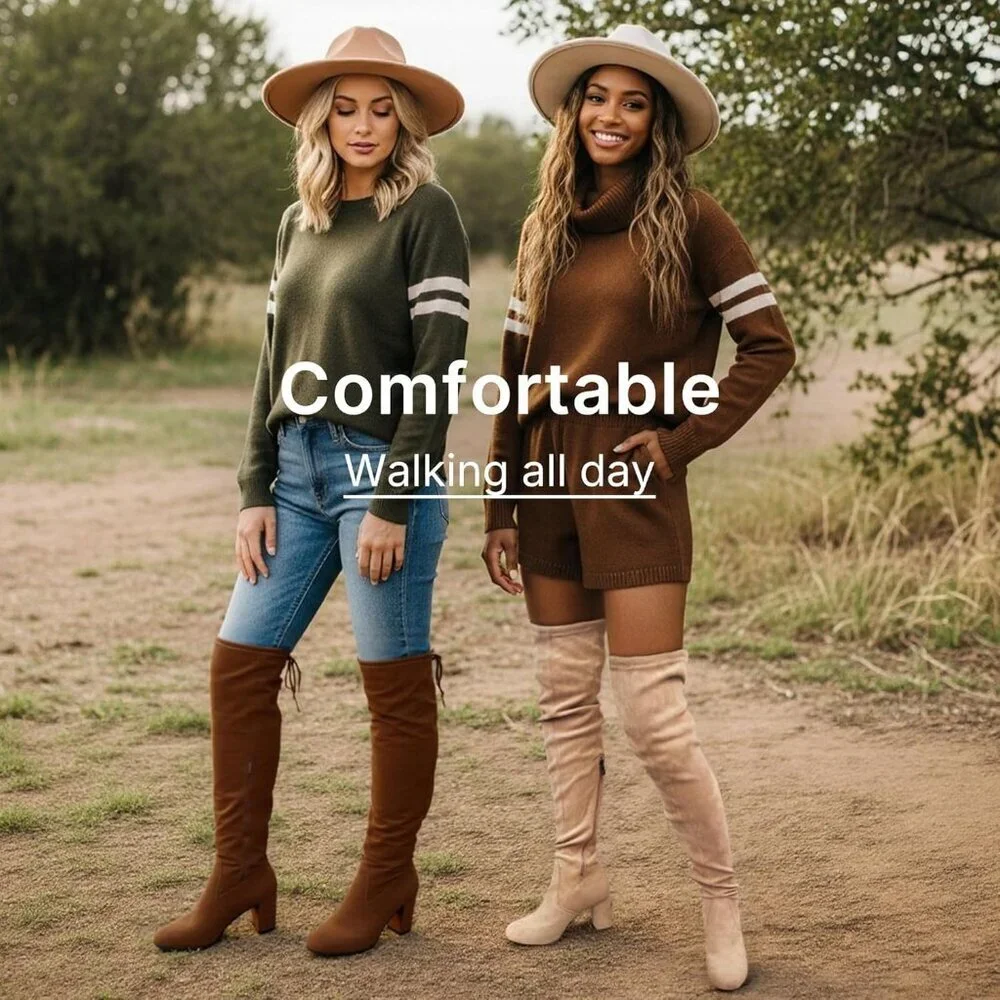 Women's Brown Suede Chunky Heels Zipper Over The Knee High Adjustable Boots